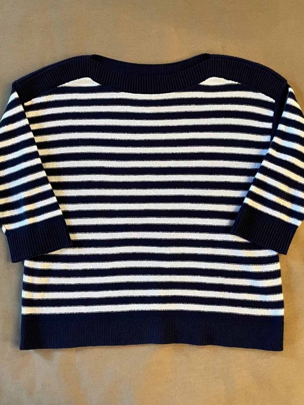 Chico's Sweater Sz M (1) Cotton Navy White Stripes 3/4 Sleeve Nautical Beach